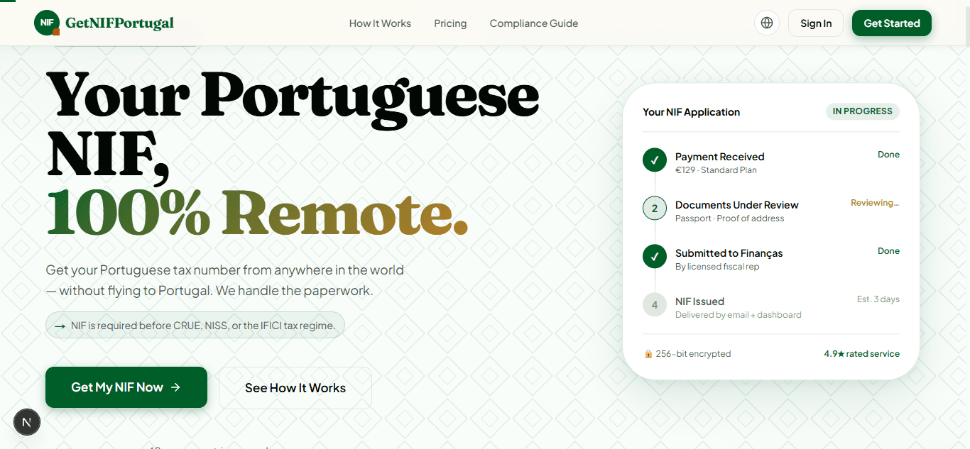 Screenshot of GetNIF Portugal platform